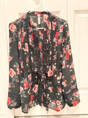 American Rag Black Floral Lace-Trim Blouse with Pink Roses